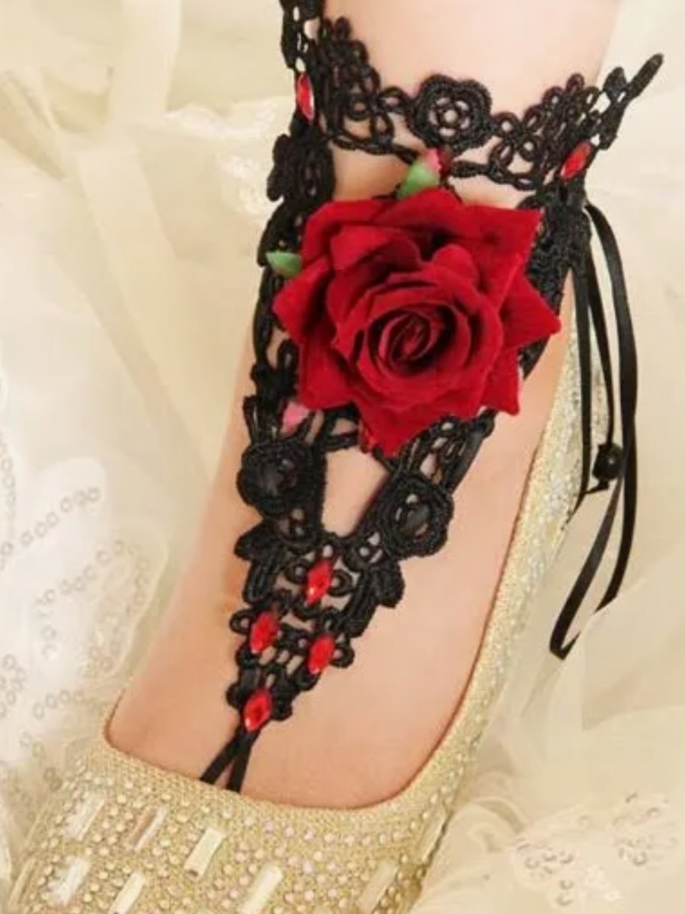 Gold Bridal Flat with Red Gothic Rose Lace Anklet